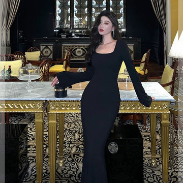 Sheath Square Neckline Date Night Dress Black Prom Dresses Party Dress Birthday Outfits SD786